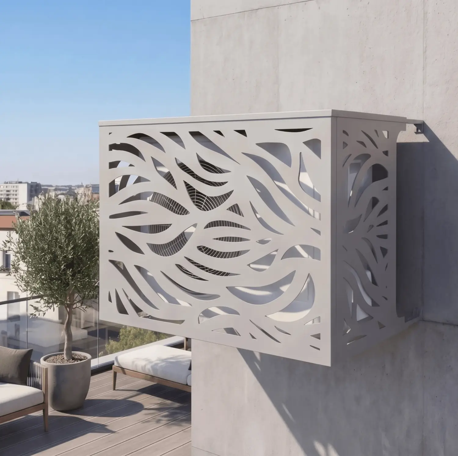Motif Brise blanc fixé à une façade près d’un olivier