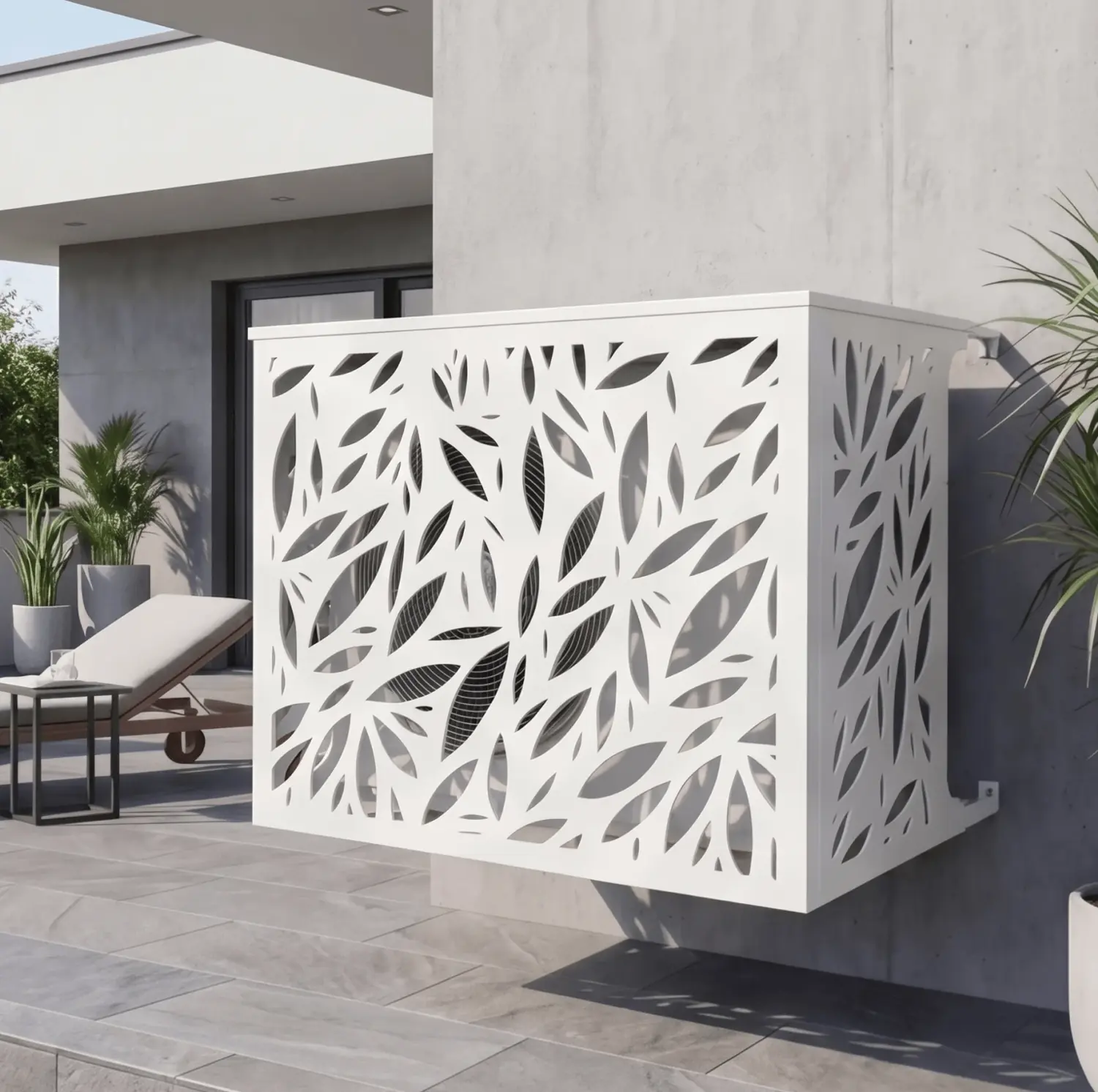 Cache blanc découpé en feuillage placé près d’une terrasse