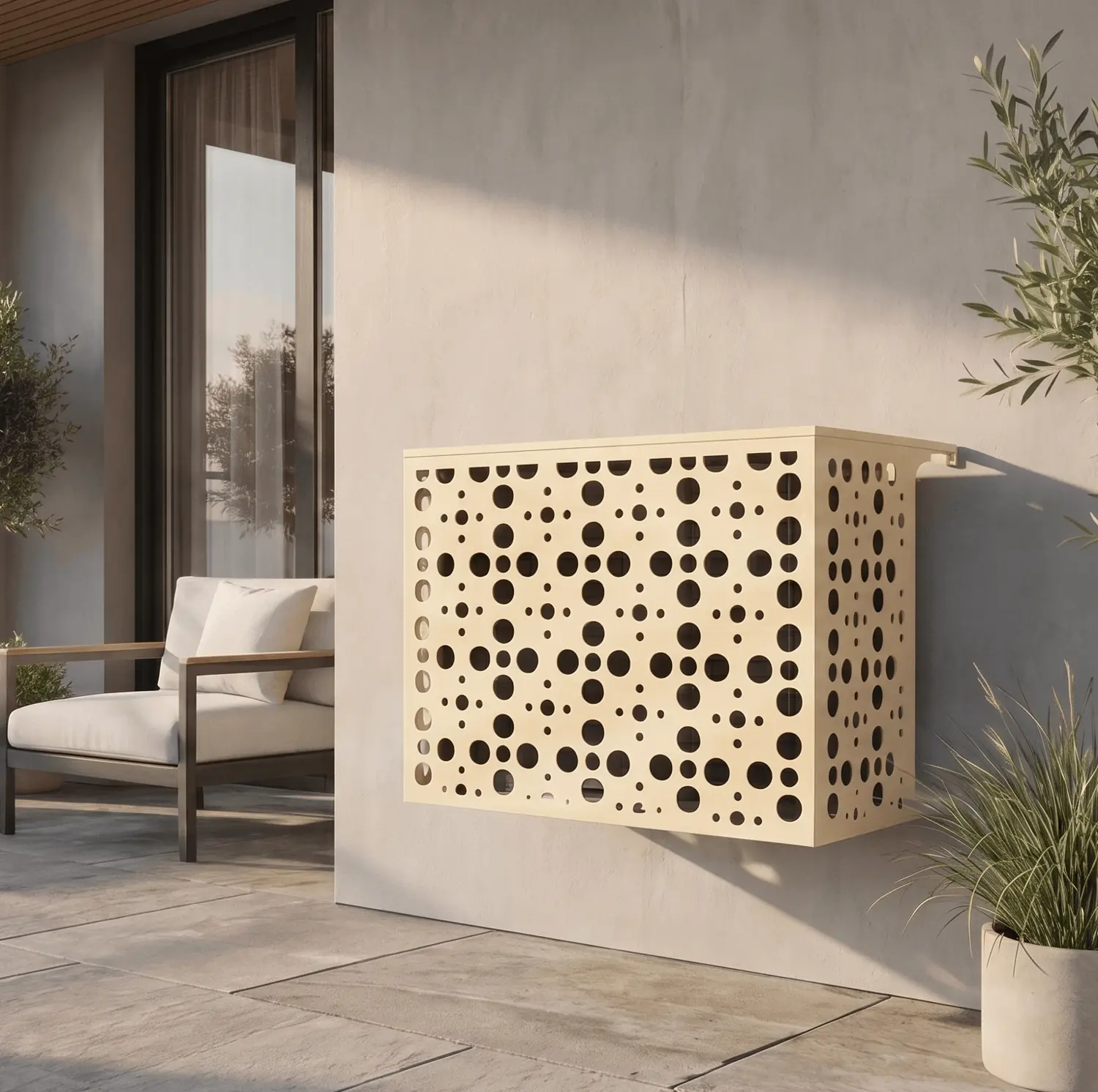 Cache clair à motifs circulaires posé sur une terrasse