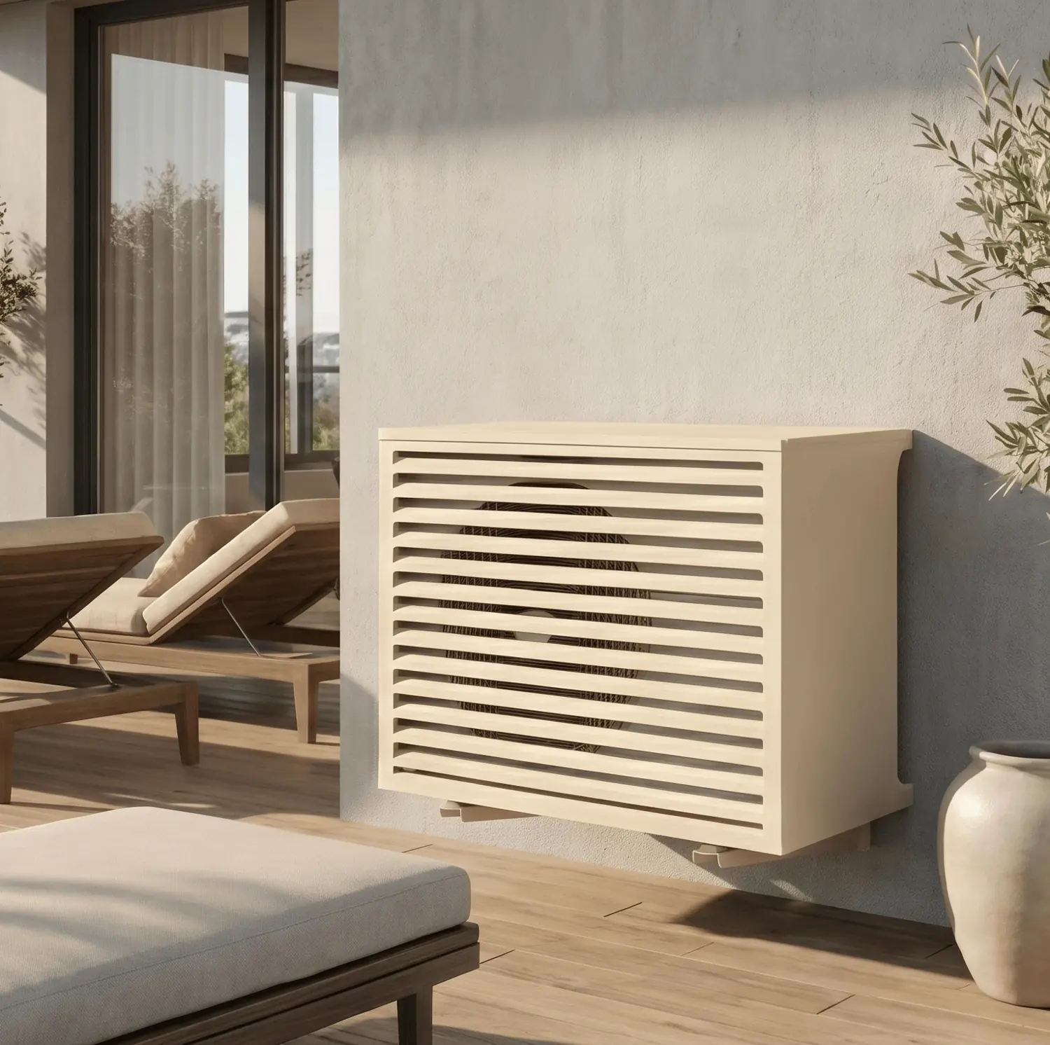 Habillage clair à lames posé sur une terrasse